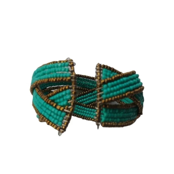 Multistrand Beaded Intertwined  Bracelet, Gold/Teal - Picture 3 of 5